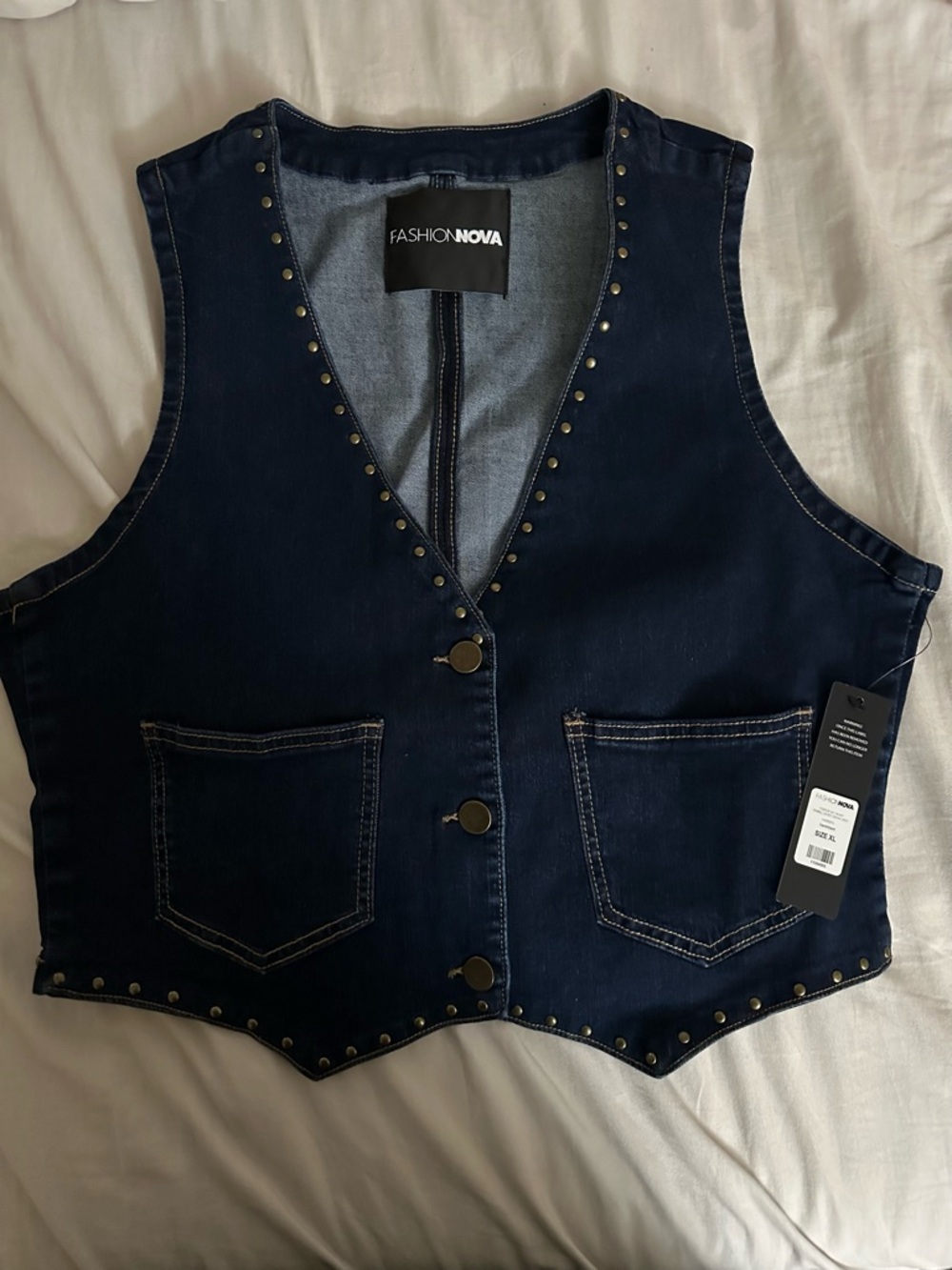 Fashion Nova Dark Wash Denim Vest with Stud Accents
